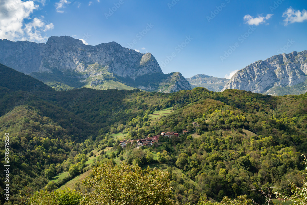 Naklejka premium Green forests with mountains and blue sky