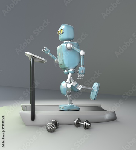 robot running on a treadmill,white background,3d render.