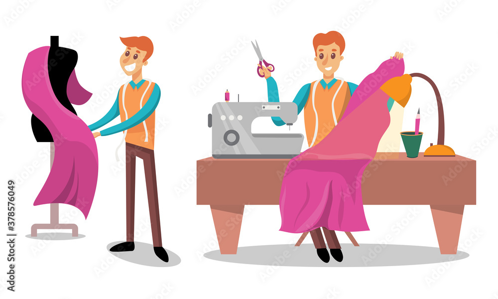 Man Dressmaker or Tailor Working in Atelier Sewing on Machine Vector Illustration Set