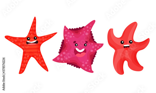Starfish or Sea Star Smiling and Waving Arms Vector Set