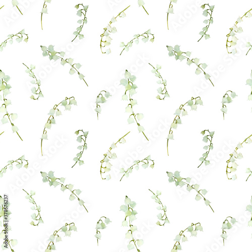 Watercolor seamless pattern with bouquets of white lilies of the valley