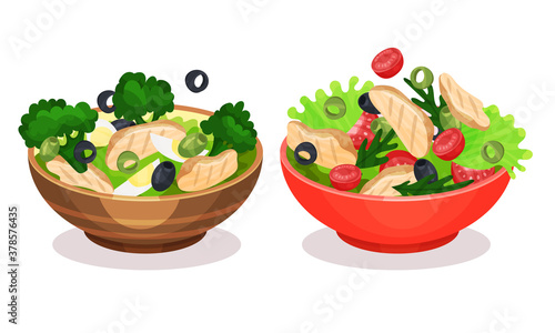 Fresh Salads in Bowl with Green Vegetables and Meat Vector Set