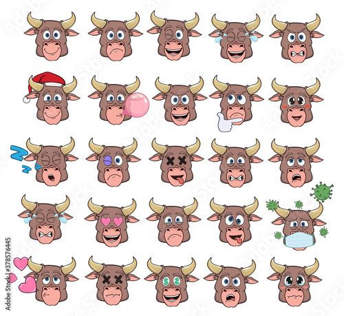 cartoon bulls with different emotions. 2021 symbol. large set of isolated emoticons on white background. vector stock illustrations