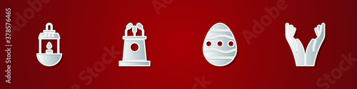 Set Ramadan Kareem lantern, Stage stand or tribune, Easter egg and Hands in praying position icon. Vector.