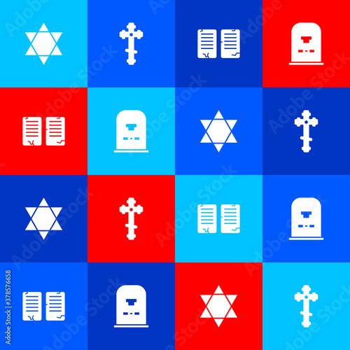 Set Star of David, Christian cross, The commandments and Tombstone with RIP written icon. Vector.