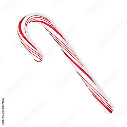 Realistic 3d peppermint candy cane stick in traditional colors isolated on white background vector illustration.