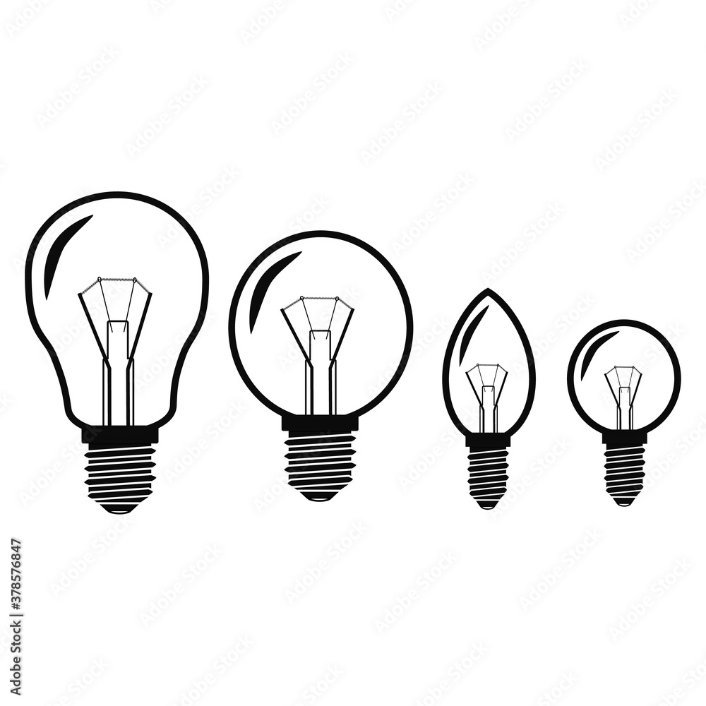 Vector illustration of different incandescent bulbs for lighting on a white background. Vector illustration of different incandescent bulbs for lighting on a white background.