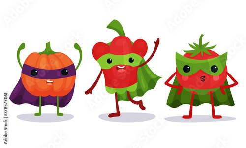 Funny Vegetables Wearing Superhero Cloak Vector Illustration Set