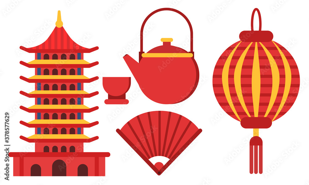 China Country Attributes with Paper Lantern and Hand Fan Vector Set