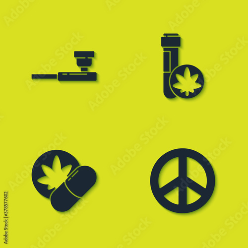 Set Smoking pipe, Peace, Herbal ecstasy tablets and Chemical test tube with marijuana icon. Vector.