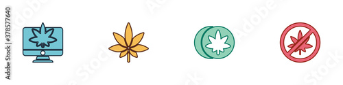 Set Monitor and marijuana or cannabis, Marijuana leaf, Herbal ecstasy tablets and Stop icon. Vector.