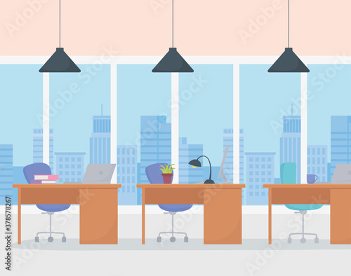 office workspace interior desks lamps chairs books and big windows