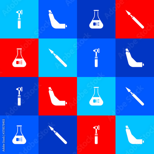 Set Medical otoscope tool, Inhaler, Test tube and flask and surgery scalpel icon. Vector.