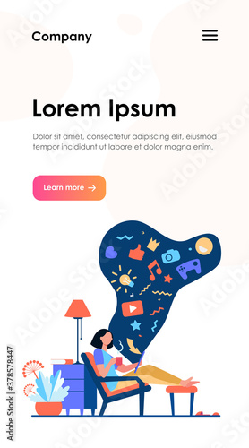 Social media addicted woman. Cartoon character relaxing at home, using tablet computer for web surfing, playing online games. Vector illustration for internet addiction, communication concept