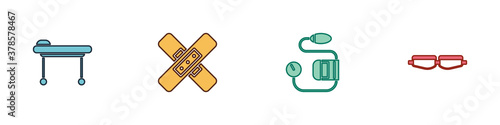 Set Stretcher, Crossed bandage plaster, Blood pressure and Safety goggle glasses icon. Vector.
