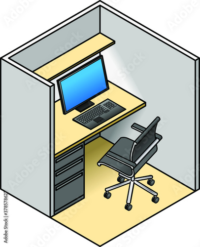 A very small office cubicle with a computer, drawer cabinet, and a chair.