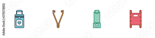 Set Organ container, Medical tweezers, Inhaler and Stretcher icon. Vector.