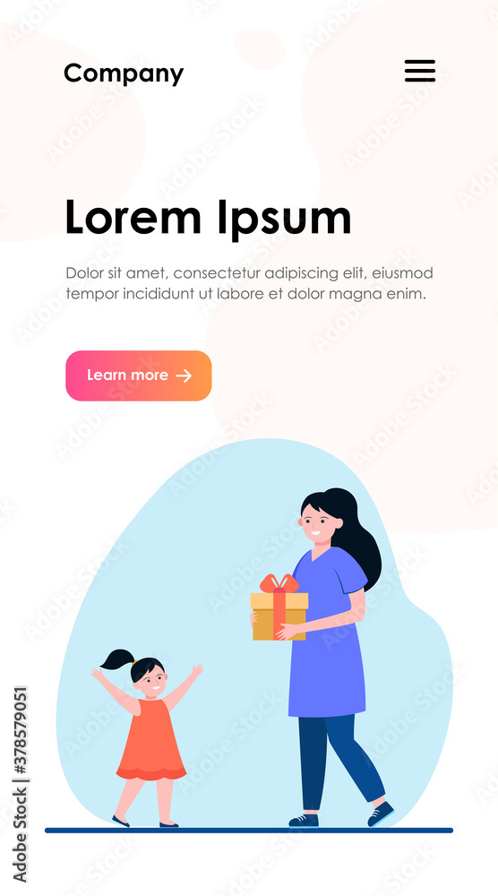 Happy mother holding gift for little daughter. Present, kid, love flat vector illustration. Parenthood and family concept for banner, website design or landing web page