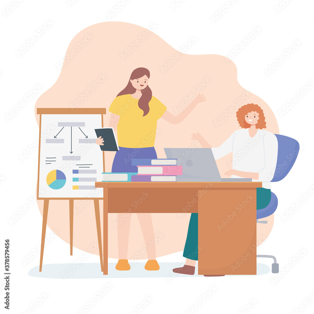 coworking, young women employees with board presentation laptop and books coworking, young women employees with board presentation laptop and books