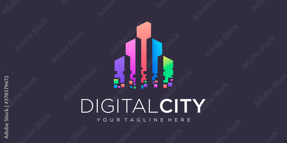 City building logo design with colorful and pixel style. building abstract For Logo Design Inspiration. business card design
