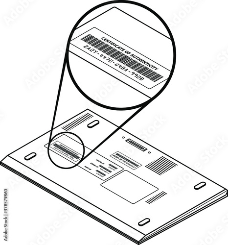 Laptop with a call-out showing a certificate of authenticity COA sticker with a number and barcode.
