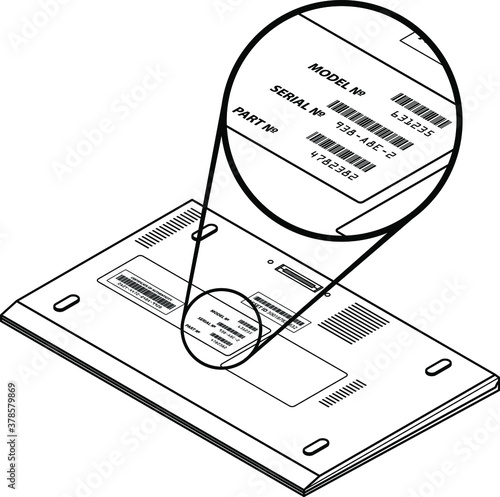 Laptop with a call-out showing model, serial and part numbers and barcodes on the bottom.