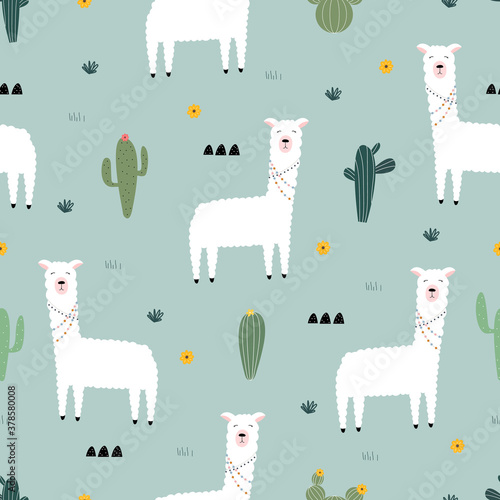 Seamless pattern with lama with cactus Cute cartoon background hand drawn in childrens style For fabrics, textiles, wallpapers