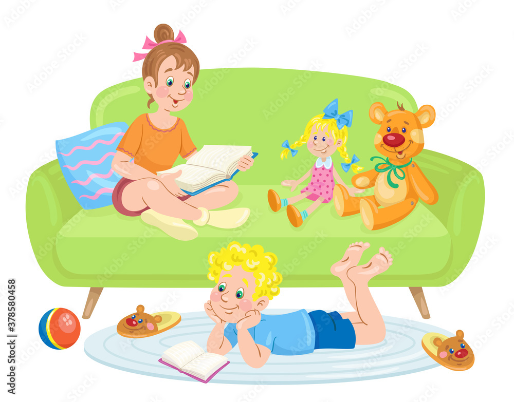 Happy children read books with a doll and a teddy bear. In a cartoon style. Isolated on white background. Vector flat illustration. Happy children read books with a doll and a teddy bear. In a cartoon style. Isolated on white background. Vector flat illustration.