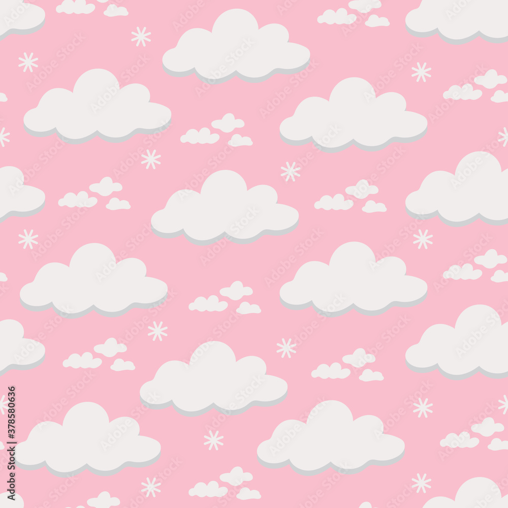 Seamless pattern. Clouds. White clouds pattern, pink background. Vector, flat illustration
