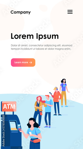 Queue of people standing for using ATM. Bank customer inserting credit card to slot for transaction. Vector illustration for business, banking, finance concept