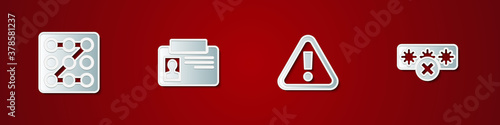 Set Graphic password protection, Identification badge, Exclamation mark in triangle and Password icon. Vector.