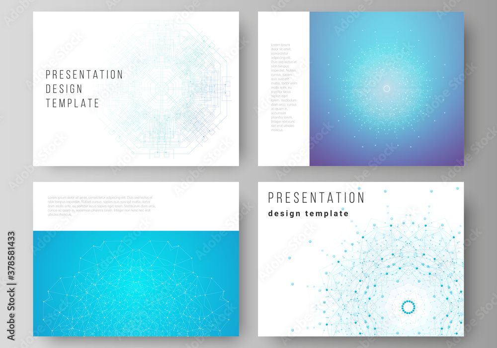 The minimalistic abstract vector illustration layout of the presentation slides design business templates. Big Data Visualization, geometric communication background with connected lines and dots.