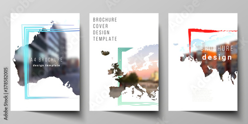 Vector layout of A4 cover mockups templates for brochure, flyer layout, cover design, book design, brochure cover. Design template in the form of world maps and colored frames, insert your photo.