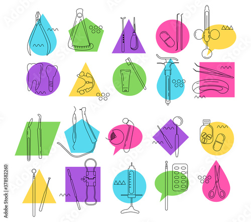 Dental tools and instruments line art icon set.Orthodontic prosthetics and filling,drill bit,treatment of diseases of oral cavity and caries.Memphis style colourful vector for clinic.Medical equipment