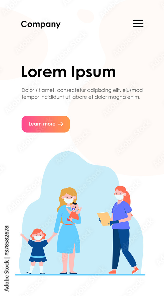 Mother with little children visiting pediatrician. Doctor in face mask meeting patient flat vector illustration. Medical examination, virus concept for banner, website design or landing web page Mother with little children visiting pediatrician. Doctor in face mask meeting patient flat vector illustration. Medical examination, virus concept for banner, website design or landing web page