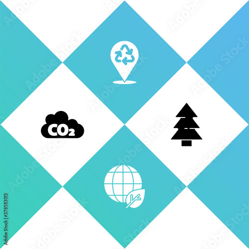 Set CO2 emissions in cloud, Earth globe and leaf, Recycle and Christmas tree icon. Vector.