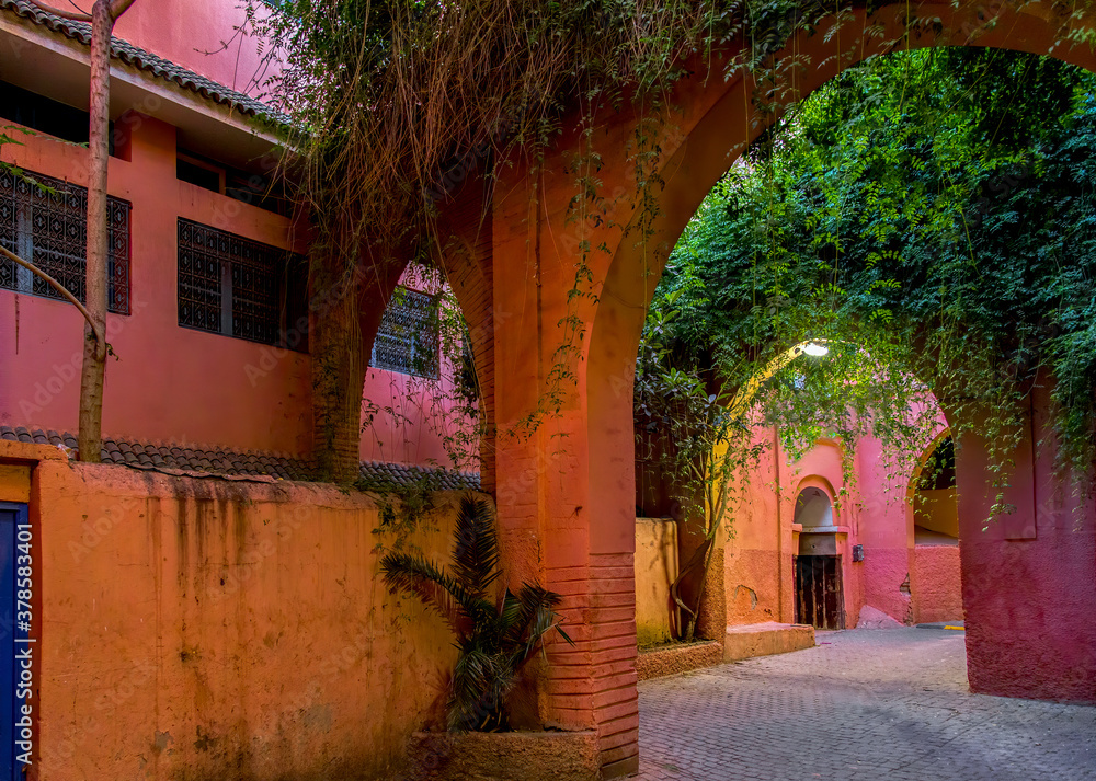 Colorful alley in Marrakesh the Morocco Red Imperial City.