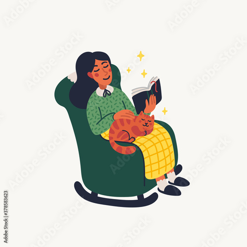 Introvert. Extraversion and introversion concept - young woman sitting in an armchair with a book and cat on her laps