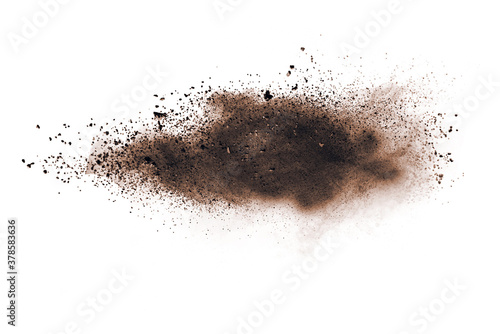 Brown powder explosion isolated on white background.