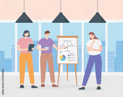 coworking, people working center office space with board presentation