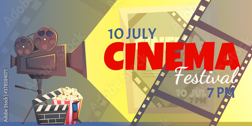 Cinema concept with popcorn, film strip