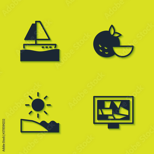Set Yacht sailboat, Picture art, Beach and Orange fruit icon. Vector.