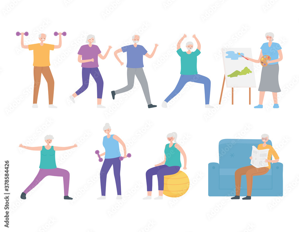 activity seniors, men and women cartoon characters sport and hobby activities