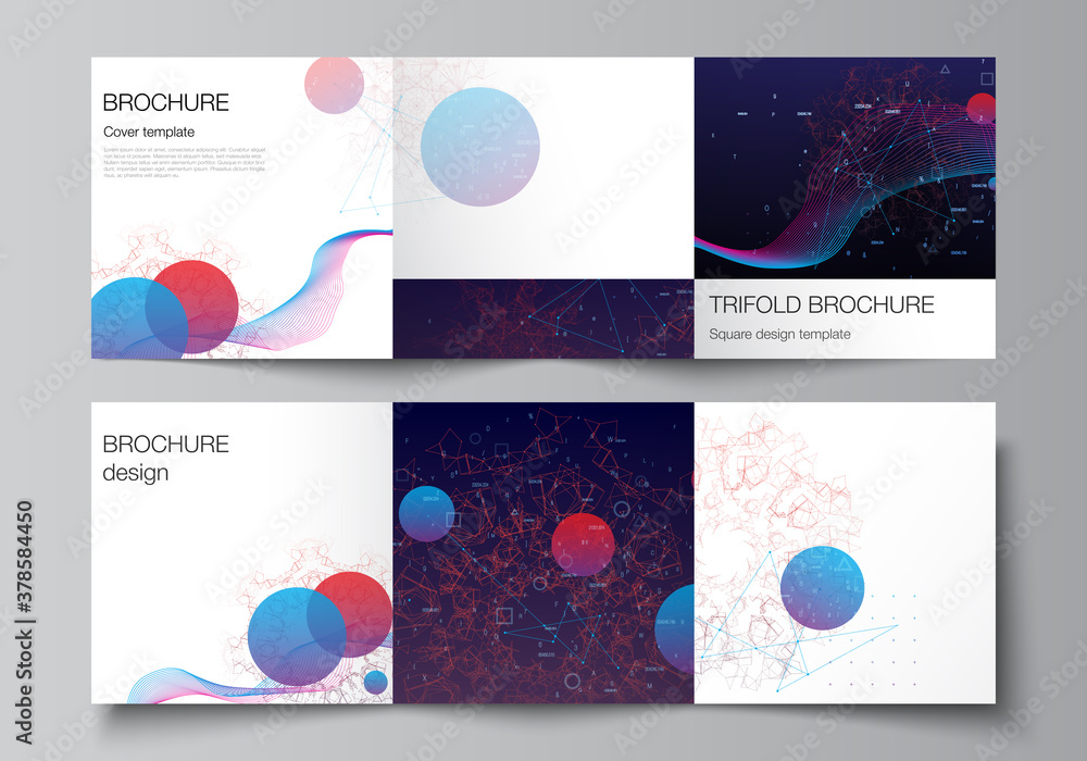 Vector layout of square covers templates for trifold brochure, flyer, cover design, book design, brochure cover. Artificial intelligence, big data visualization. Quantum computer technology concept.