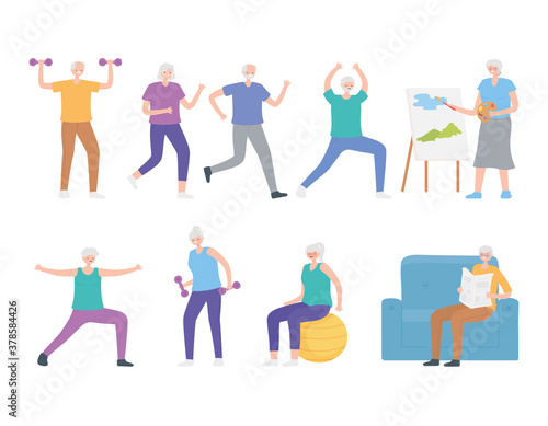 activity seniors, men and women cartoon characters sport and hobby activities