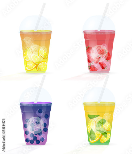 Four fresh juices from fruit. Sweet smoothies
