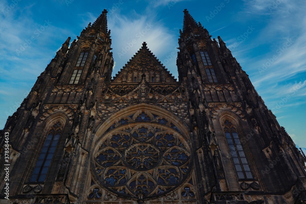 Fototapeta premium West View and Main Portal of St Vitus Cathedral in Prague Castle Complex. Beautiful Exterior of Metropolitan Cathedral in Czech Republic. 