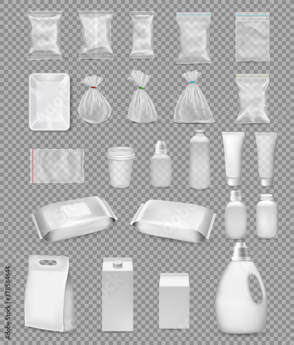 Collection of polypropylene plastic packaging and medical supplies - sack, tray, cup, bottle, box, tube and packing  for antibakterial wet wipes on transparent background. Vector illustration