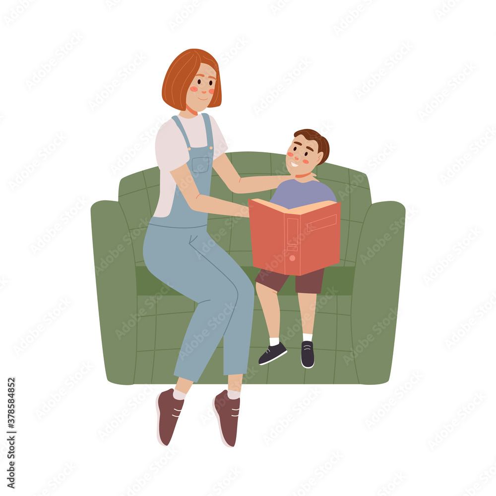 Mom is reading a children's book to her son Mom is reading a children's book to her son