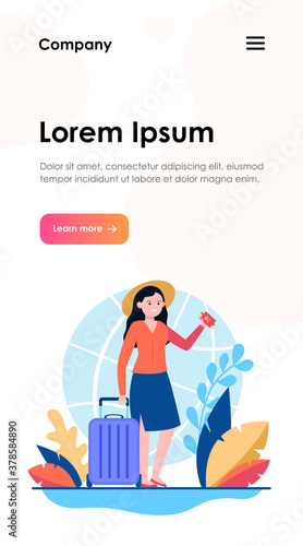 Happy woman travelling to other country. Ticket, bag, journey flat vector illustration. Trip and vacation concept for banner, website design or landing web page